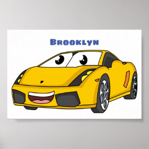 Cute happy yellow sports car cartoon poster
