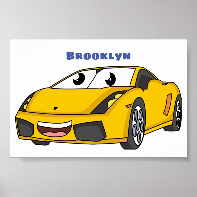 Cute happy yellow sports car cartoon poster (Front)
