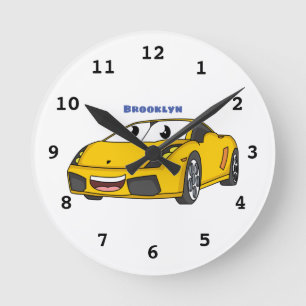 Cute happy yellow sports car cartoon round clock