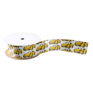 Cute happy yellow sports car cartoon satin ribbon
