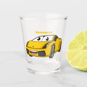 Cute happy yellow sports car cartoon shot glass