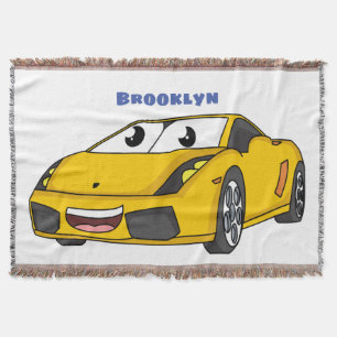 Cute happy yellow sports car cartoon throw blanket