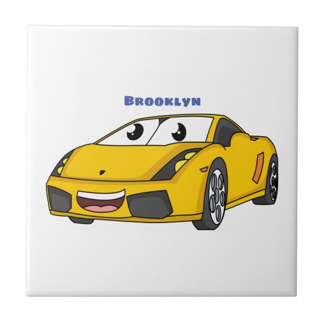 Cute happy yellow sports car cartoon tile (Front)