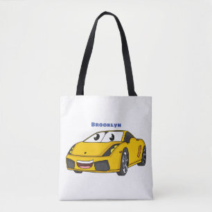 Cute happy yellow sports car cartoon tote bag