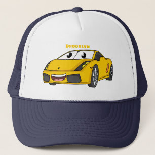 Cute happy yellow sports car cartoon trucker hat