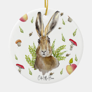 Cute hare with a background of apples and mushroom ceramic tree decoration