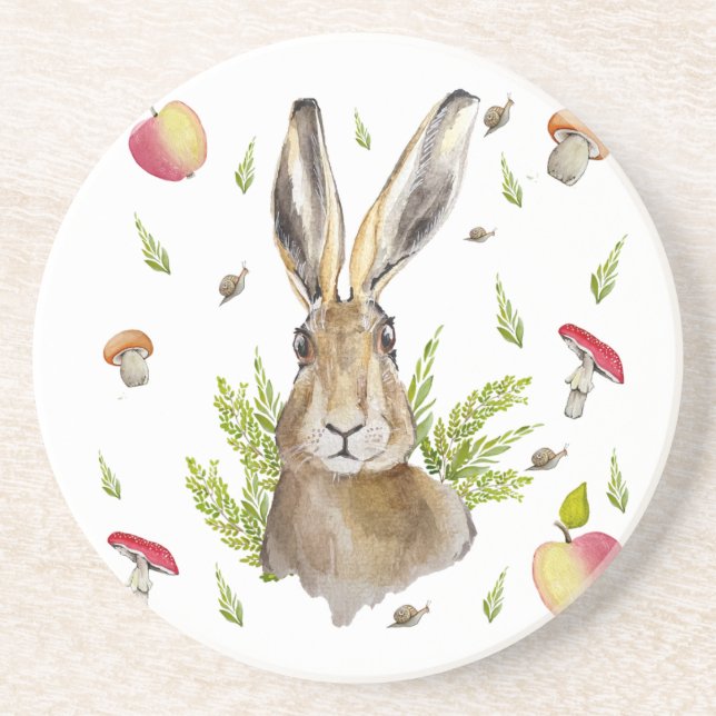 Cute hare with a background of apples and mushroom coaster (Front)