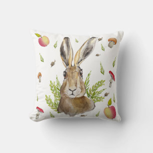 Cute hare with a background of apples and mushroom cushion