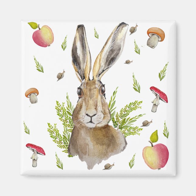 Cute hare with a background of apples and mushroom magnet (Front)