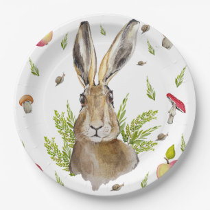 Cute hare with a background of apples and mushroom paper plate