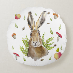 Cute hare with a background of apples and mushroom round cushion