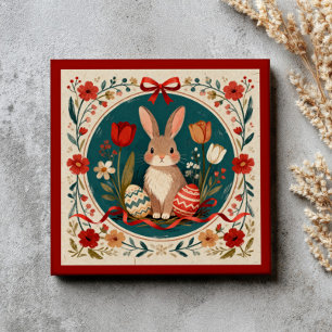 Cute Hare with Eggs& Flowers Botanical Easter Tile