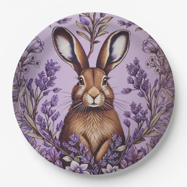 Cute Hare With Lavender William Morris Inspired  Paper Plate (Front)