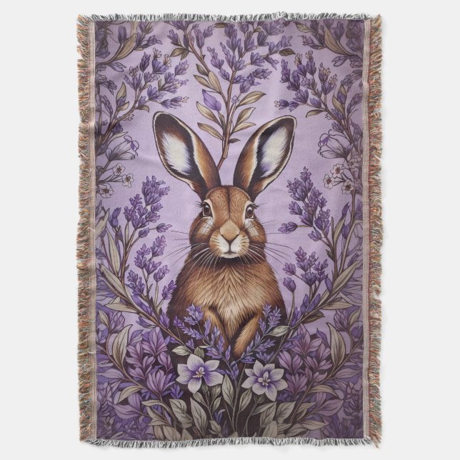 Cute Hare With Lavender William Morris Inspired  Throw Blanket (Front Vertical)