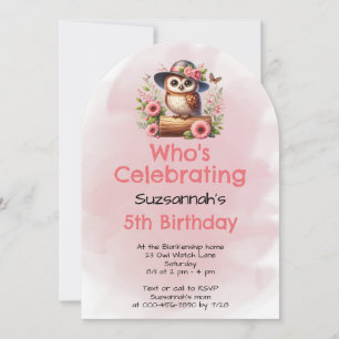 Cute Hat Wearing Owl Sitting On a Log with Flowers Invitation