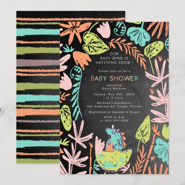 Cute Hatching Baby Dino Chalkboard Baby Shower Invitation (Front/Back)