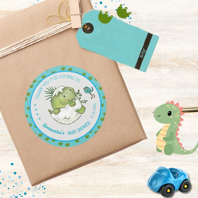 Cute Hatching Dino Custom Baby Shower Thank You Classic Round Sticker (Cute Hatching Dino Custom Baby Shower Thank You Classic Round Sticker)