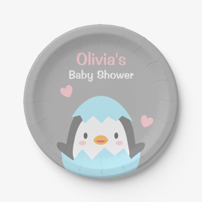 Cute Hatching Penguin Baby Shower Party Supplies Paper Plate (Front)