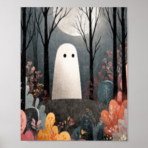 Cute Haunted Ghost Watercolor Halloween Art Poster