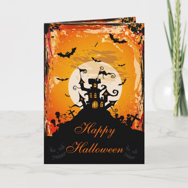 Cute Haunted House & Bats Halloween Card (Front)