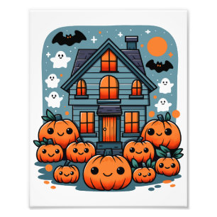 Cute Haunted House Halloween Pumpkins Ghosts & Bat Photo Print