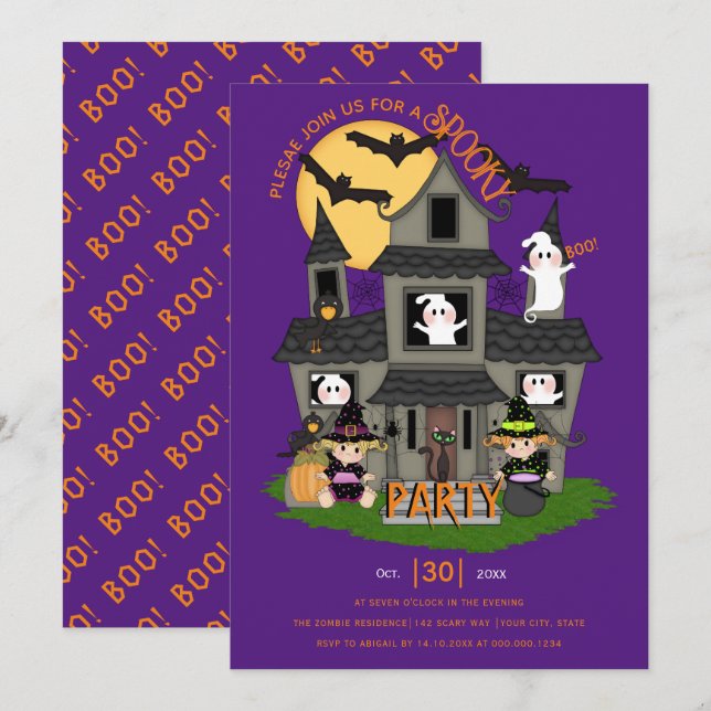 Cute haunted house purple Halloween party Invitation (Front/Back)
