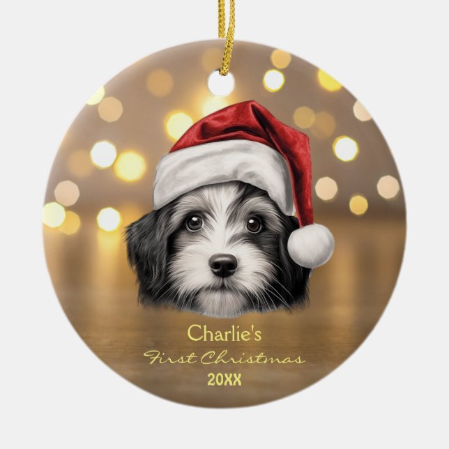 Cute Havanese Dog Santa Hat 1st Christmas Ceramic Tree Decoration (Front)