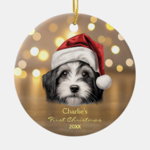 Cute Havanese Dog Santa Hat Paw Personalized  Ceramic Tree Decoration