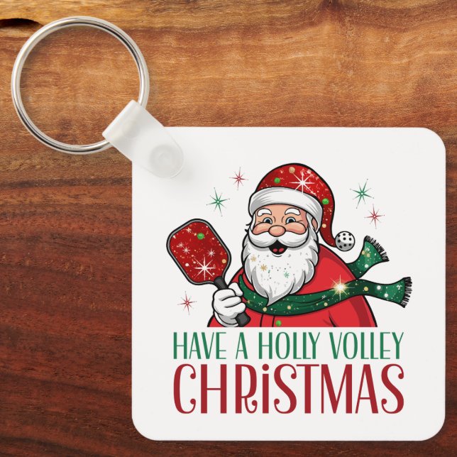 Cute Have A Holly Volley Christmas Pickleball Pun Key Ring (Front)