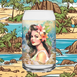 Cute Hawaii beach Retro lady beach house Can Glass