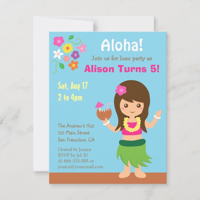 Cute Hawaii Hula Girl Luau Birthday Party Invitation (Front)