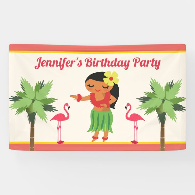 Cute Hawaiian Hula Girl Luau Birthday Party Banner (Horizontal)