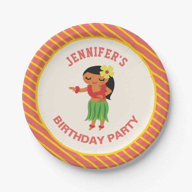Cute Hawaiian Hula Girl Luau Birthday Party Paper Plate (Front)