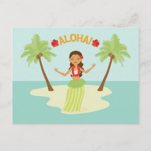 Cute Hawaiian Hula Girl Luau Palm Trees Island Postcard