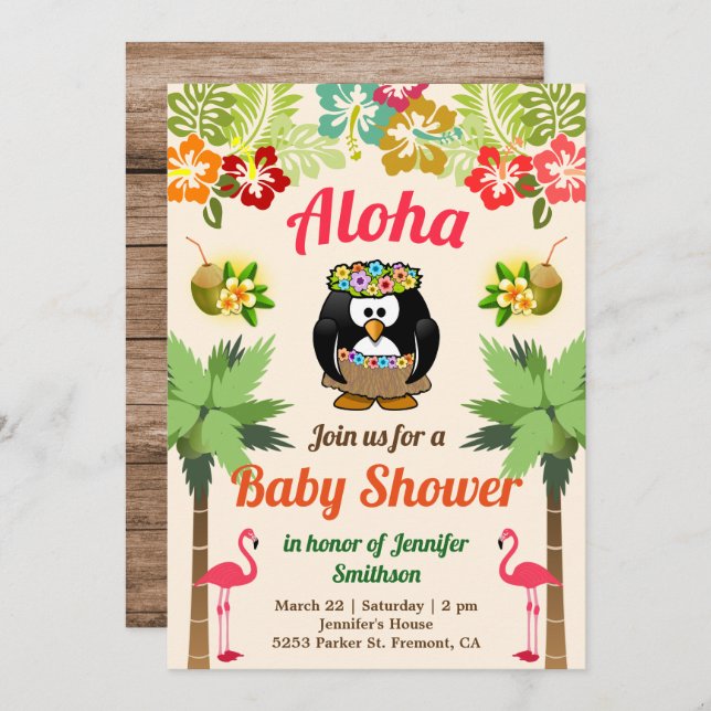 Cute Hawaiian Penguin Luau Baby Shower Invitation (Front/Back)