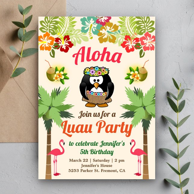 Cute Hawaiian Penguin | Luau Birthday Party Invite (Creator Uploaded)