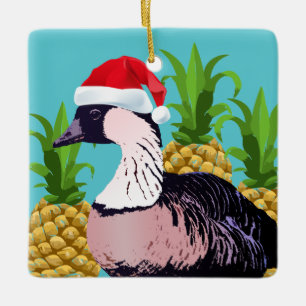 Cute Hawaiian Santa Nene Mele Kalikimaka Aqua Ceramic Ornament