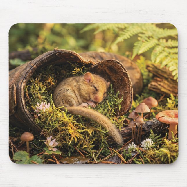 Cute Hazel Dormouse Sleeping Inside a Leather Boot Mouse Mat (Front)