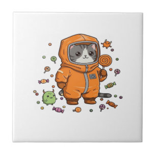 Cute Hazmat Cat Halloween Candy Monster Fun Oversi Tile