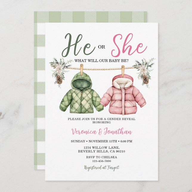 Cute He or she Winter Clothes Gender Reveal Floral Invitation (Front/Back)