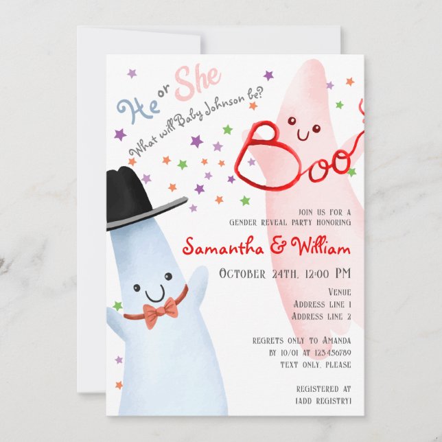 Cute He / She Ghosts Halloween Gender Reveal Party Invitation (Front)