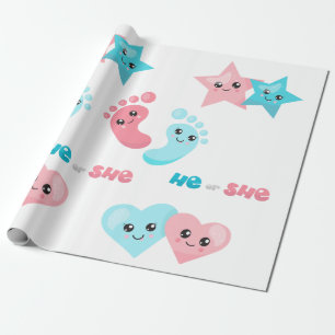 Cute He She Pink Blue Gender Reveal Party Wrapping Paper