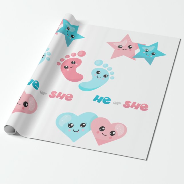 Cute He She Pink Blue Gender Reveal Party Wrapping Paper (Unrolled)