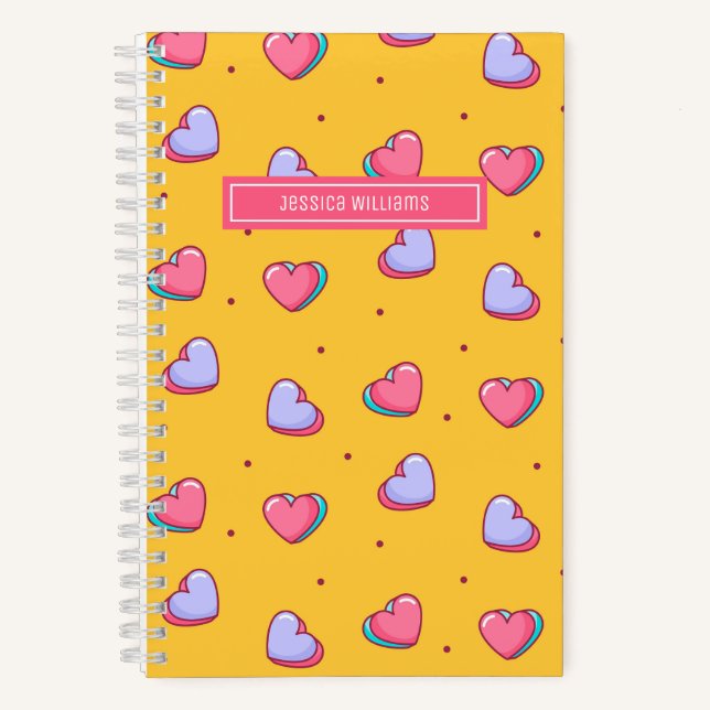 Cute Heart and Polka Dot Pattern Retro Yellow Notebook (Front)
