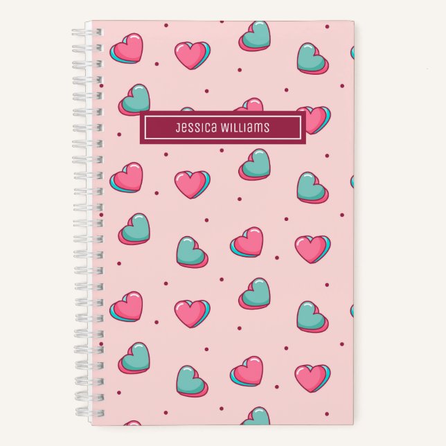 Cute Heart and Polka Dot Pattern Sweet Retro Pink Notebook (Front)