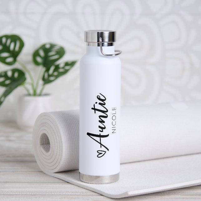 Cute Heart Auntie Personalised Black White Water Bottle (Yoga)