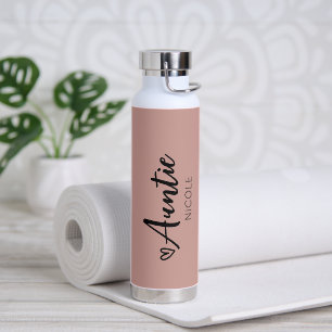 Cute Heart Auntie Personalised Pink Taupe Water Bottle