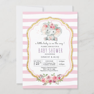Cute Heart Baby Elephant Girl baby shower  Invitation