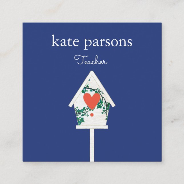 Cute Heart Birdhouse Square Business Card (Front)