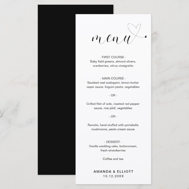 Cute Heart Black and White Simple Wedding Menu (Front/Back)